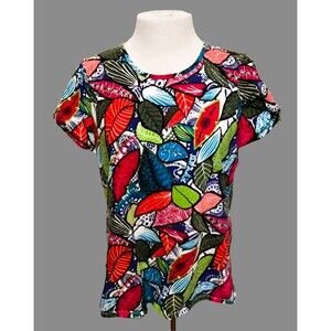 Westbound Colorful Floral Short Sleeve Round Neck Cotton Shirt (Size L)